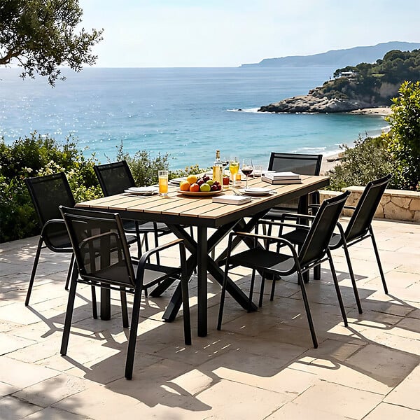 CONCEPT USINE - Ensemble de jardin table 190cm effet bois + 6 fauteuils ALMADA - large