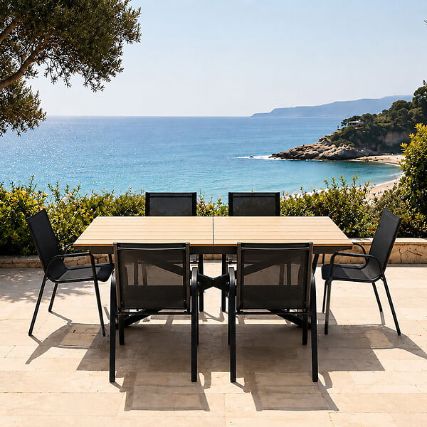 CONCEPT USINE - Ensemble de jardin table 190cm effet bois + 6 fauteuils ALMADA - large