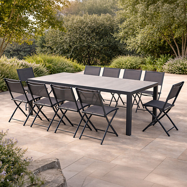 CONCEPT USINE - Ensemble table de jardin 200 cm en aluminium et 10 chaises pliantes LAGOS - large