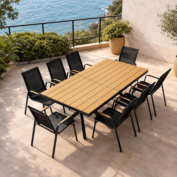 CONCEPT USINE - Ensemble de jardin table 190cm effet bois + 8 fauteuils ALMADA - large