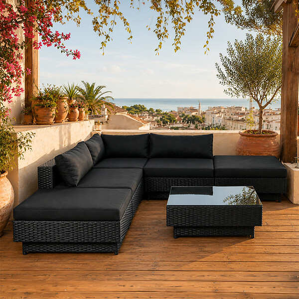 CONCEPT USINE - Salon de jardin 5 places modulable en résine tressée noir AMORGOS - large