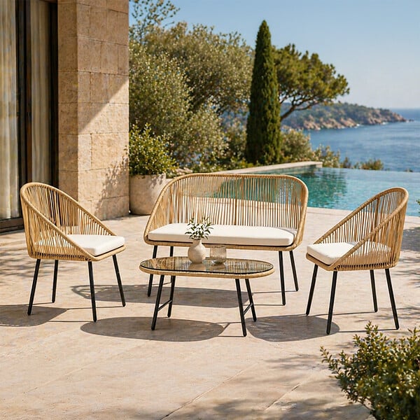 CONCEPT USINE - Salon de jardin 4 places avec table basse effet rotin naturel RAVELLO - large