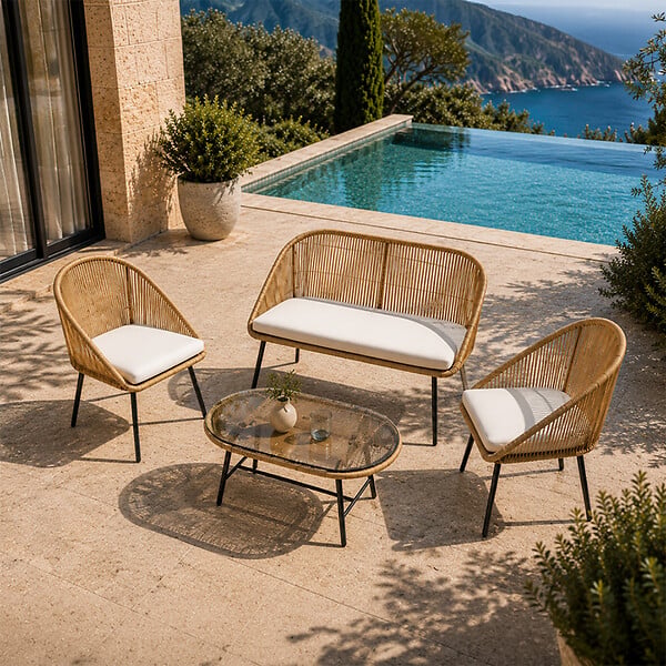 CONCEPT USINE - Salon de jardin 4 places avec table basse effet rotin naturel RAVELLO - large