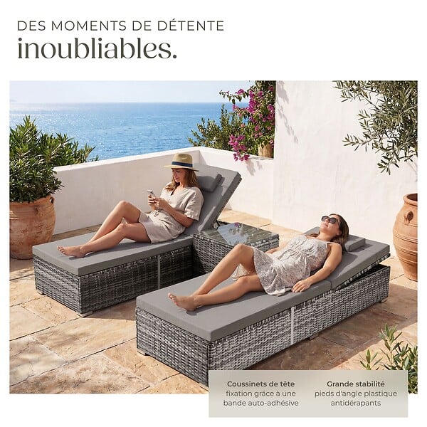TECTAKE - chaise longue double en rotin polyrotin gris avec table et dossier réglable - large
