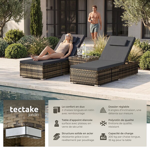 TECTAKE - Chaise longue double rotin naturel extérieur dossier réglable avec table et verre - large