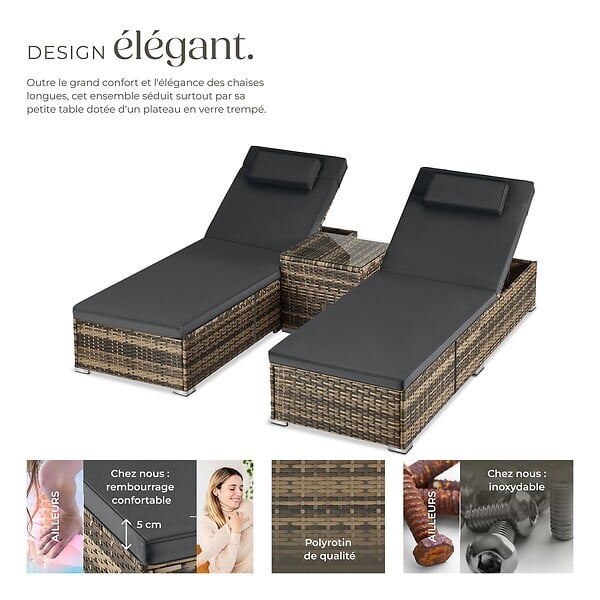 TECTAKE - Chaise longue double rotin naturel extérieur dossier réglable avec table et verre - large