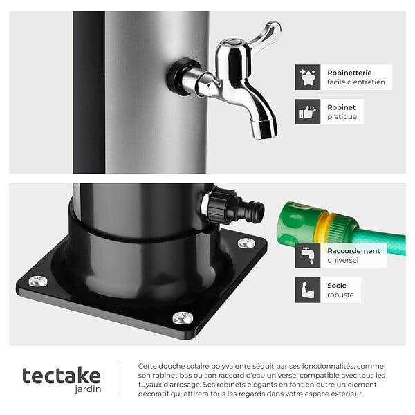 TECTAKE - Douche solaire extérieure écologique en noir et gris avec pommeau pivotant 360° et porte-savon - large
