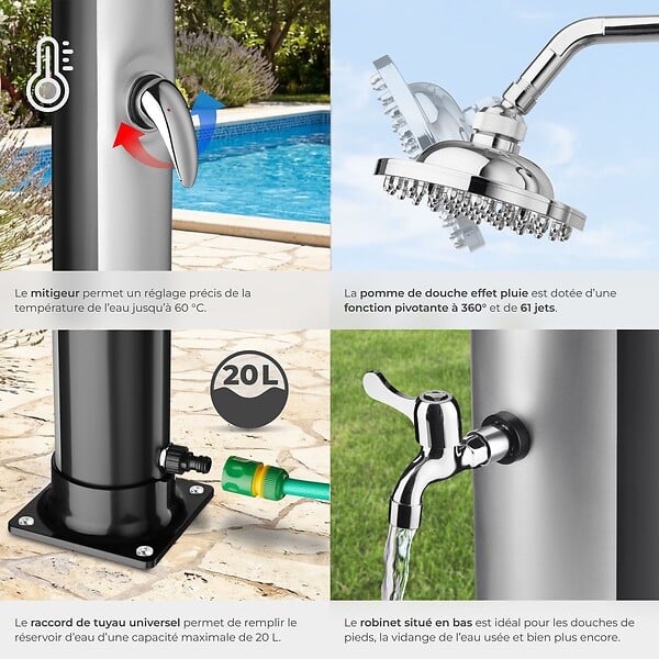 TECTAKE - Douche solaire extérieure écologique en noir et gris avec pommeau pivotant 360° et porte-savon - large
