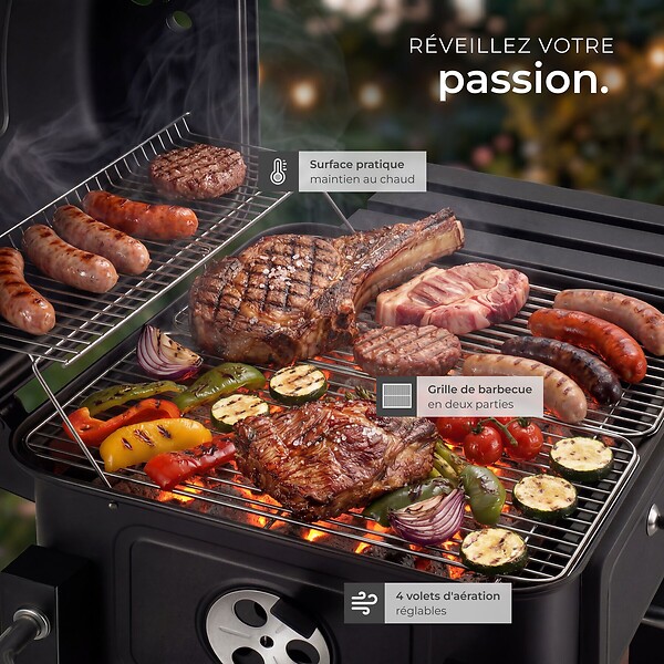 TECTAKE - barbecue charbon de bois noir avec bac réglable grille en acier chromé 110x64x104 cm - large