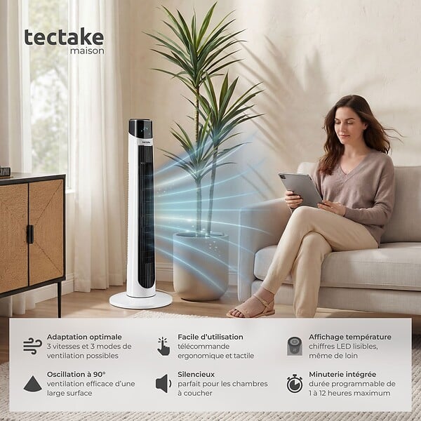 TECTAKE - Ventilateur colonne blanc silencieux économe énergie 3 modes 3 vitesses oscillation 90° écran tactile led - large