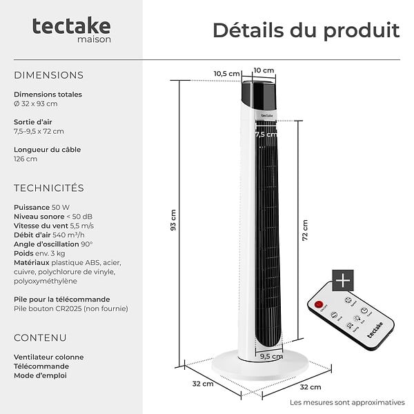 TECTAKE - Ventilateur colonne blanc silencieux économe énergie 3 modes 3 vitesses oscillation 90° écran tactile led - large