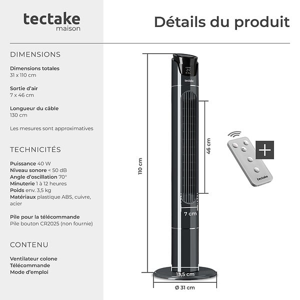 TECTAKE - Ventilateur colonne 110 cm gris anthracite - large