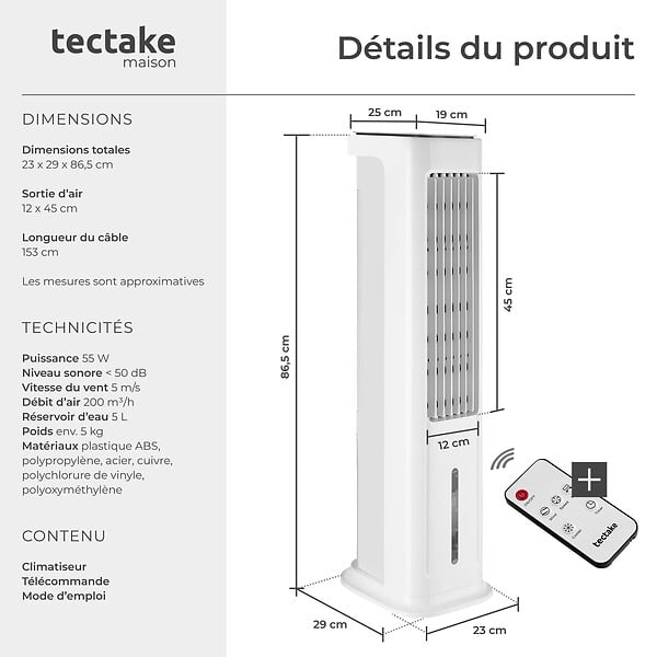 TECTAKE - Refroidisseur d'air Alaska 4 en 1, réservoir d'eau de 5 l, 3 modes, 3 niveaux blanc - large