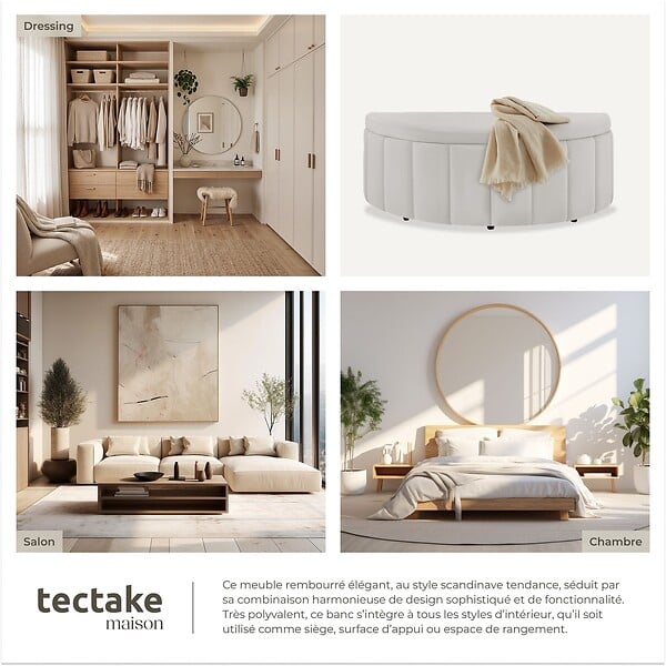 TECTAKE - Banquette rembourrée en velours taupe avec grand espace rangement 108x48x40 cm confort assise - large