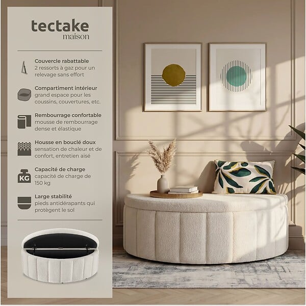 TECTAKE - Banc rembourré en bouclé crème moon avec grand espace rangement capacité charge 150 kg 108 x 48 x 40 cm - large