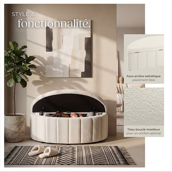 TECTAKE - Banc rembourré en bouclé crème moon avec grand espace rangement capacité charge 150 kg 108 x 48 x 40 cm - large