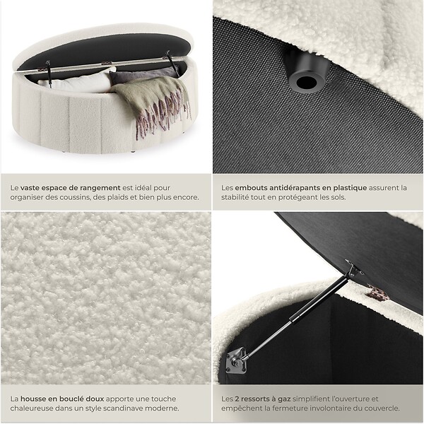 TECTAKE - Banc rembourré en bouclé crème moon avec grand espace rangement capacité charge 150 kg 108 x 48 x 40 cm - large