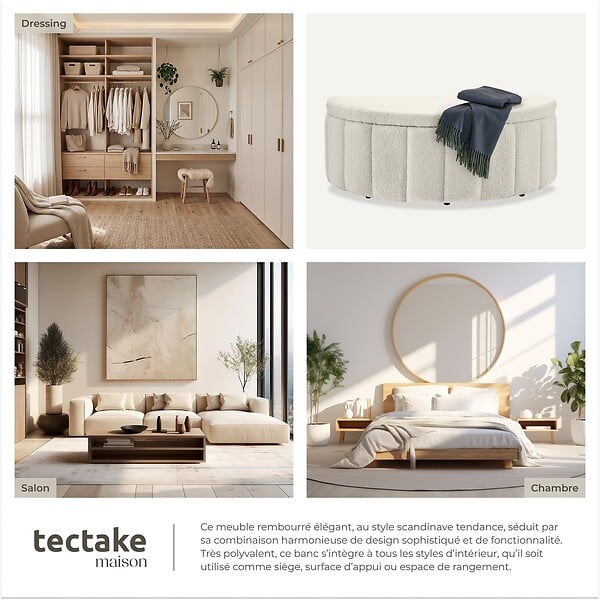 TECTAKE - Banc rembourré en bouclé crème moon avec grand espace rangement capacité charge 150 kg 108 x 48 x 40 cm - large