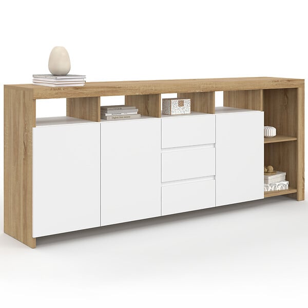 ID MARKET - Buffet 180 cm MALO bois façon hêtre 3 portes et 3 tiroirs blancs - large