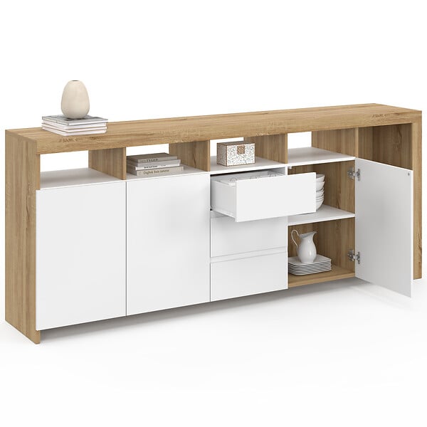 ID MARKET - Buffet 180 cm MALO bois façon hêtre 3 portes et 3 tiroirs blancs - large