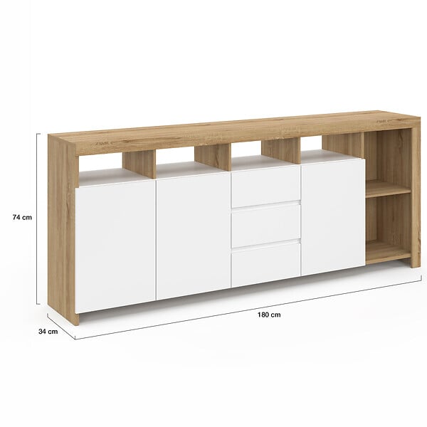 ID MARKET - Buffet 180 cm MALO bois façon hêtre 3 portes et 3 tiroirs blancs - large