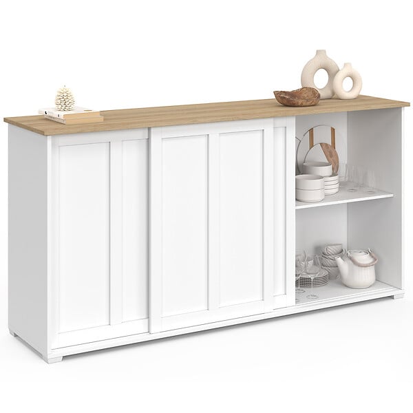 ID MARKET - Buffet 160 cm JANGO 3 portes coulissantes blanc et plateau bois - large