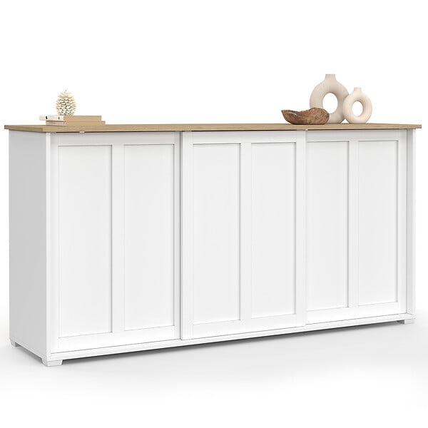ID MARKET - Buffet 160 cm JANGO 3 portes coulissantes blanc et plateau bois - large