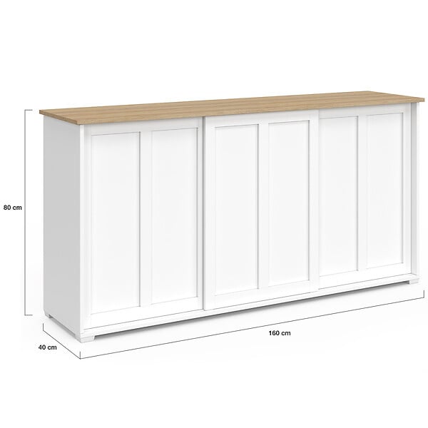 ID MARKET - Buffet 160 cm JANGO 3 portes coulissantes blanc et plateau bois - large