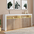 ID MARKET - Buffet 180 cm ELIGHT XXL 3 portes et 3 tiroirs avec LED et niches blanc et bois façon hêtre - vignette