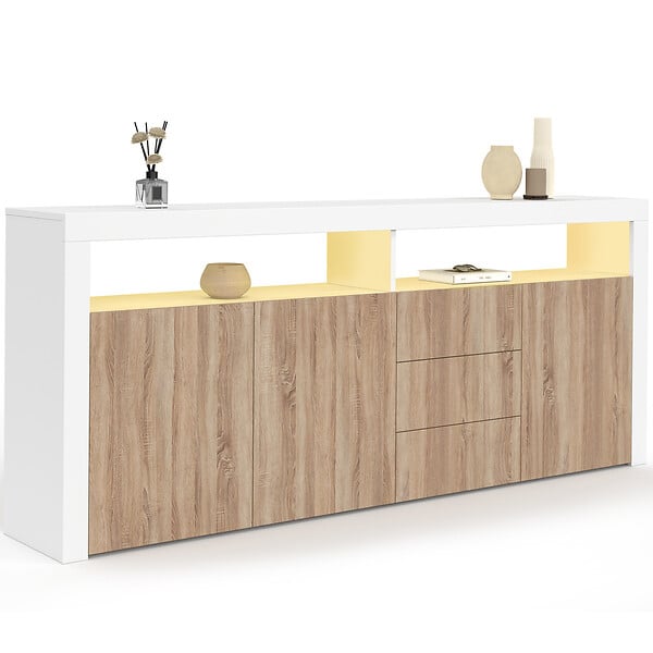 ID MARKET - Buffet 180 cm ELIGHT XXL 3 portes et 3 tiroirs avec LED et niches blanc et bois façon hêtre - large
