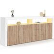 ID MARKET - Buffet 180 cm ELIGHT XXL 3 portes et 3 tiroirs avec LED et niches blanc et bois façon hêtre - vignette