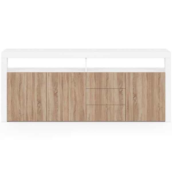 ID MARKET - Buffet 180 cm ELIGHT XXL 3 portes et 3 tiroirs avec LED et niches blanc et bois façon hêtre - large