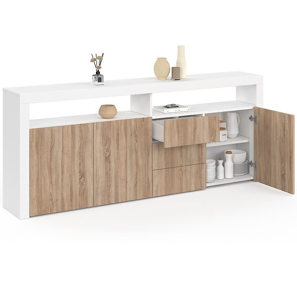 ID MARKET - Buffet 180 cm ELIGHT XXL 3 portes et 3 tiroirs avec LED et niches blanc et bois façon hêtre - large