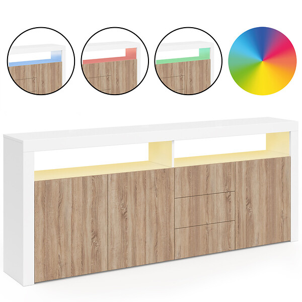 ID MARKET - Buffet 180 cm ELIGHT XXL 3 portes et 3 tiroirs avec LED et niches blanc et bois façon hêtre - large