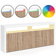 ID MARKET - Buffet 180 cm ELIGHT XXL 3 portes et 3 tiroirs avec LED et niches blanc et bois façon hêtre - vignette