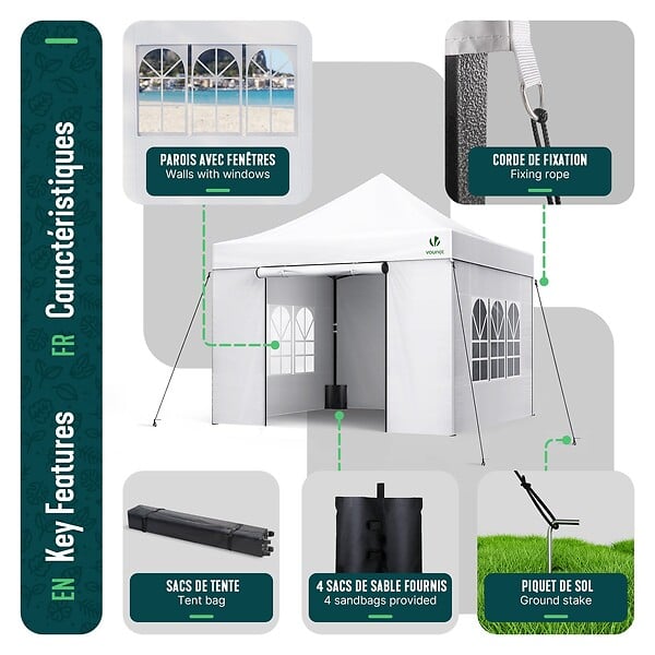 VOUNOT - Tonnelle de jardin renforcée 3x3m pliable Barnum avec 4 parois latérales et fenêtres blanc - large