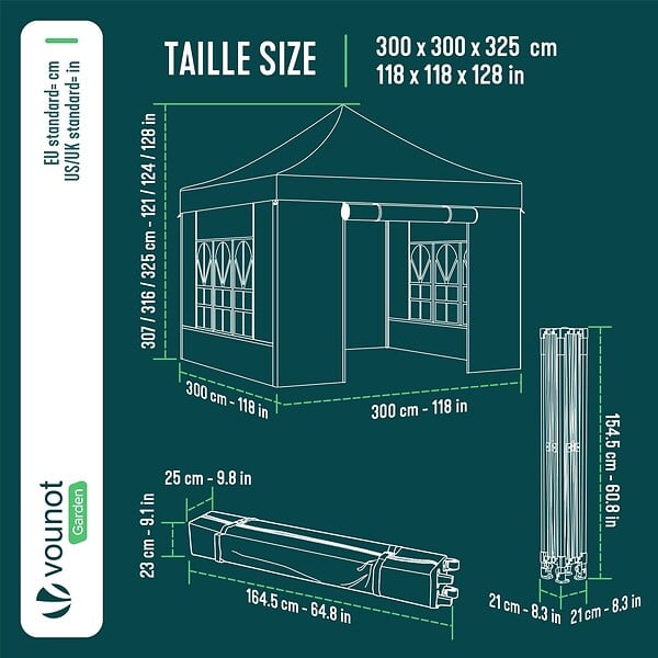 VOUNOT - Tonnelle de jardin renforcée 3x3m pliable Barnum avec 4 parois latérales et fenêtres vert - large
