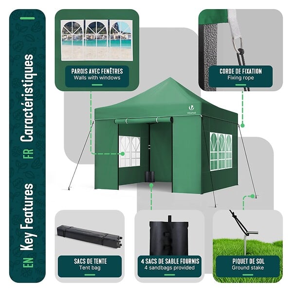 VOUNOT - Tonnelle de jardin renforcée 3x3m pliable Barnum avec 4 parois latérales et fenêtres vert - large