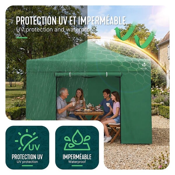 VOUNOT - Tonnelle de jardin renforcée 3x3m pliable Barnum avec 4 parois latérales et fenêtres vert - large