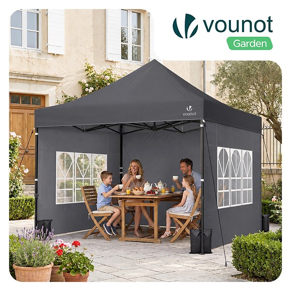 VOUNOT - Tonnelle de jardin renforcée 3x3m pliable Barnum avec 4 parois latérales et fenêtres gris - large