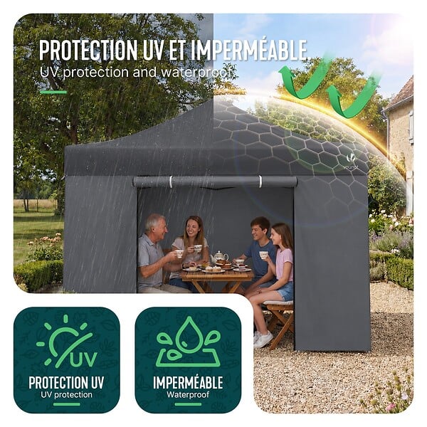 VOUNOT - Tonnelle de jardin renforcée 3x3m pliable Barnum avec 4 parois latérales et fenêtres gris - large