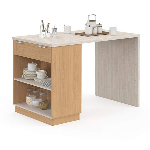 ID MARKET - Ilot central mange-debout 4 personnes VITO 130 cm bois et plateau effet travertin - large