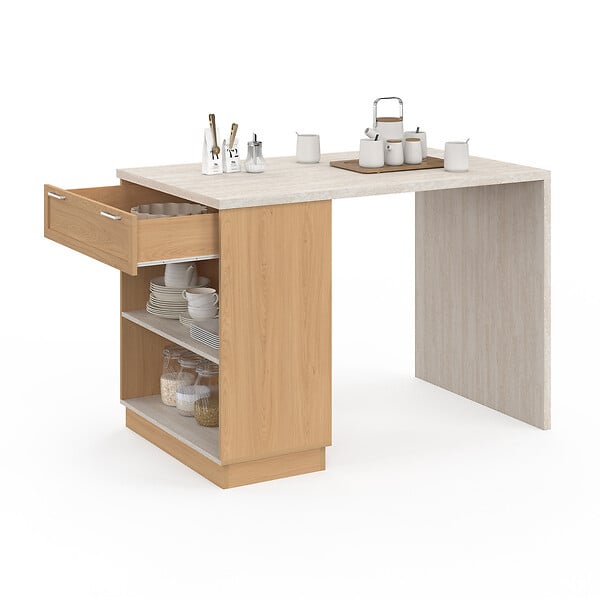 ID MARKET - Ilot central mange-debout 4 personnes VITO 130 cm bois et plateau effet travertin - large