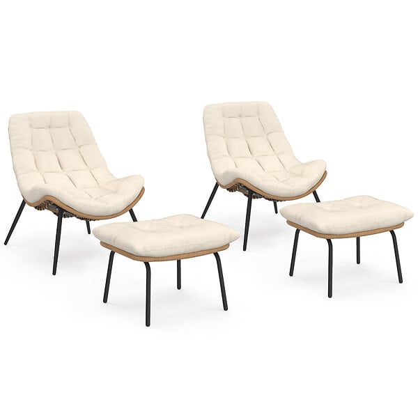 ID MARKET - Lot de 2 fauteuils de jardin relax LOA effet rotin avec coussins écrus et repose-pieds - large