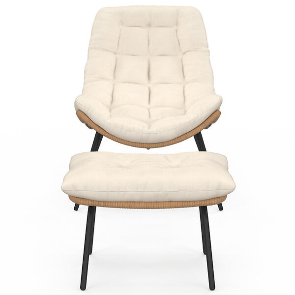 ID MARKET - Lot de 2 fauteuils de jardin relax LOA effet rotin avec coussins écrus et repose-pieds - large