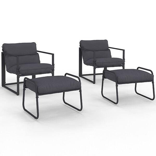 ID MARKET - Lot de 2 fauteuils de jardin MARCO avec repose pieds gris coussin gris anthracite - large