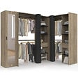 ID MARKET - Dressing extensible d'angle MARLON 230 x 140 x 180 cm cm hêtre avec penderies + étagères + miroir + rideaux noirs - vignette