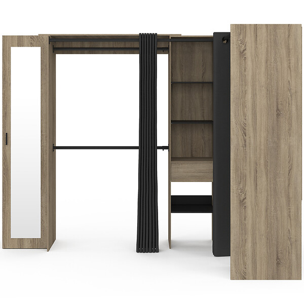 ID MARKET - Dressing extensible d'angle MARLON 230 x 140 x 180 cm cm hêtre avec penderies + étagères + miroir + rideaux noirs - large