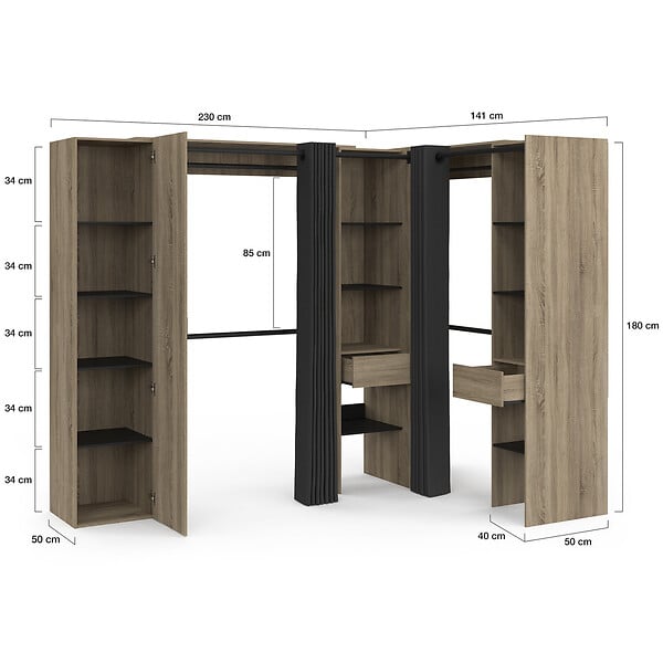 ID MARKET - Dressing extensible d'angle MARLON 230 x 140 x 180 cm cm hêtre avec penderies + étagères + miroir + rideaux noirs - large