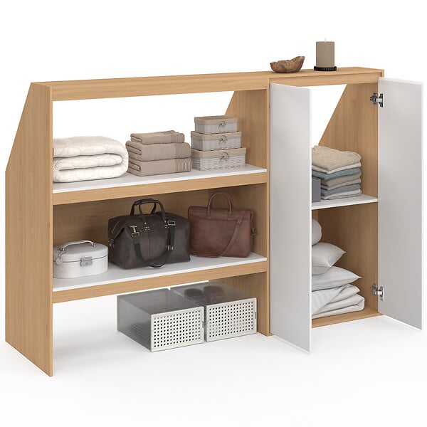 ID MARKET - Ensemble étagère 2 niveaux + armoire 2 portes sous pente TOMI hêtre et blanc - large